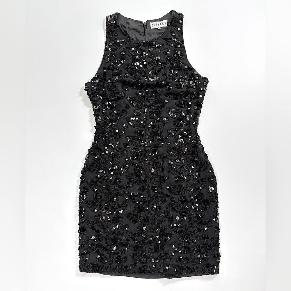 Little Black Silk & Sequin Beaded Botanical Vine Formal Cocktail Mini Dress SM